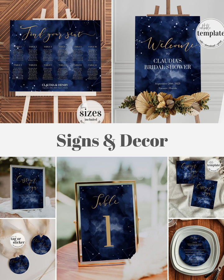 Celestial Decorations Bundle Moon & Star Theme: Welcome Sign, Seating Chart, Table Number, Menu Card, Place Card | Printable Template 066 - marryful