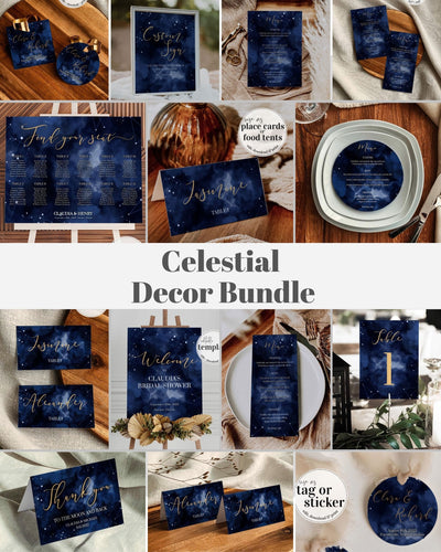 Celestial Decorations Bundle Moon & Star Theme: Welcome Sign, Seating Chart, Table Number, Menu Card, Place Card | Printable Template 066 - marryful