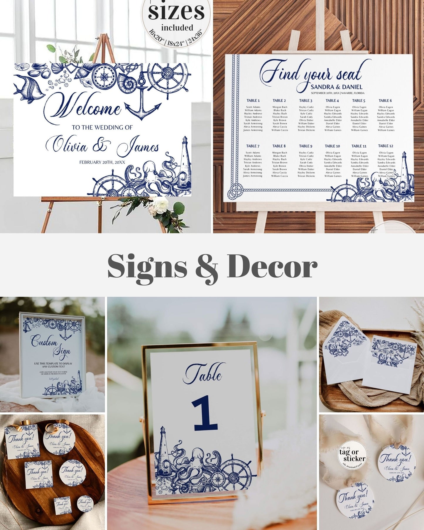 Nautical Decor Bundle for Beach or Destination Wedding with Welcome Sign, Seating Chart, Table Numbers, Place Card, Menu Cards and more