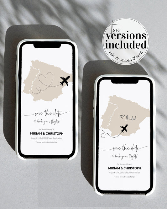 SPAIN Destination Wedding Save the Date Evite, Map Save the Date Text Invitation, Phone Invitation, Electronic Invitation #072w