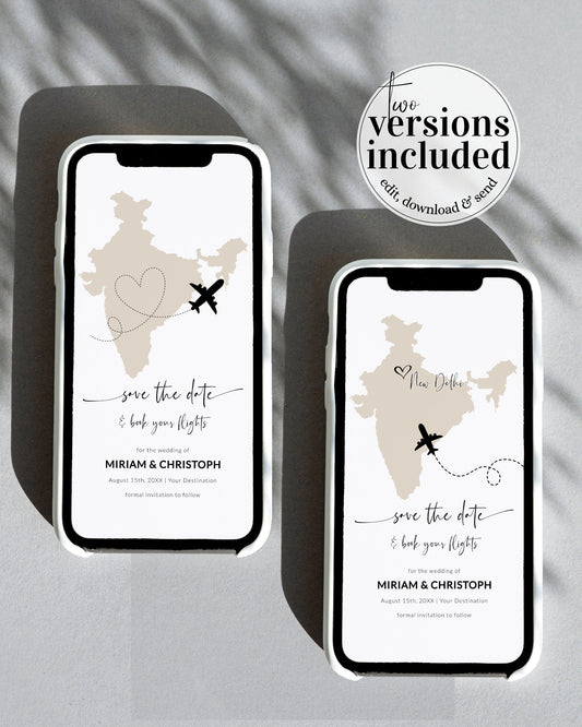 INDIA Destination Wedding Save the Date Evite, Map Save the Date Text Invitation, Phone Invitation, Electronic Invitation #072w