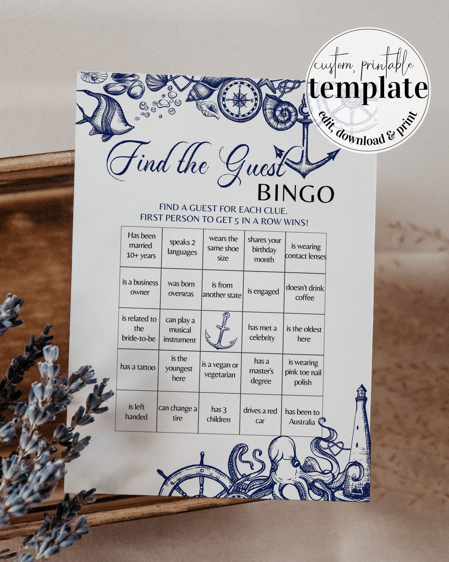 Find the Guest Bridal Bingo Game for Nautical Bridal Brunch or Baby Shower with a beach theme | Printable Template