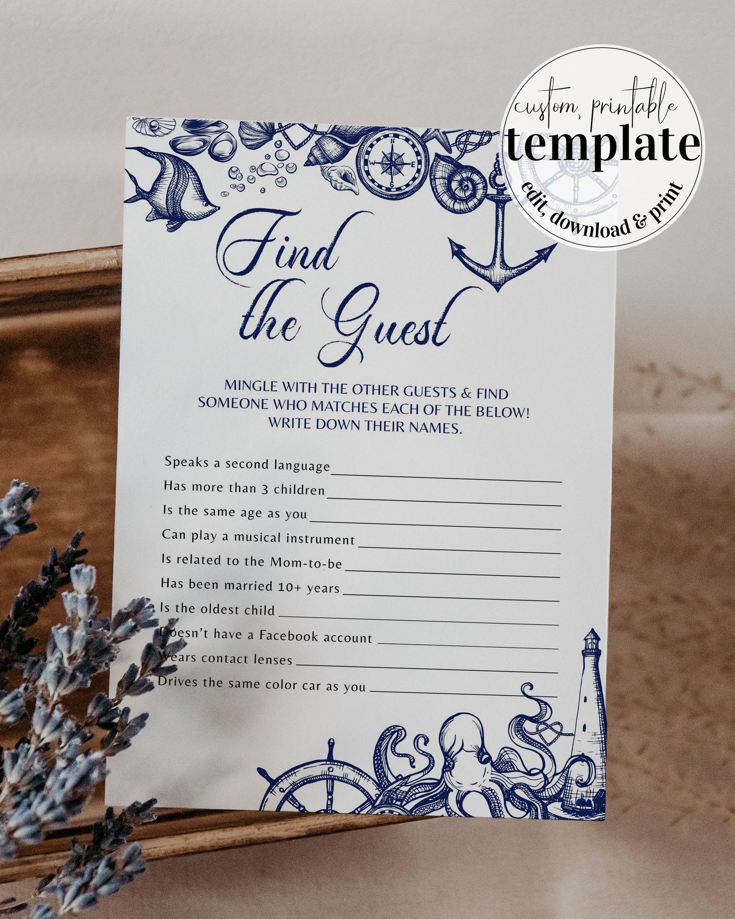 Find the Guest | Nautical Bridal Shower Game for Beach Bridal Brunch or Destination Bachelorette Party | Printable Template
