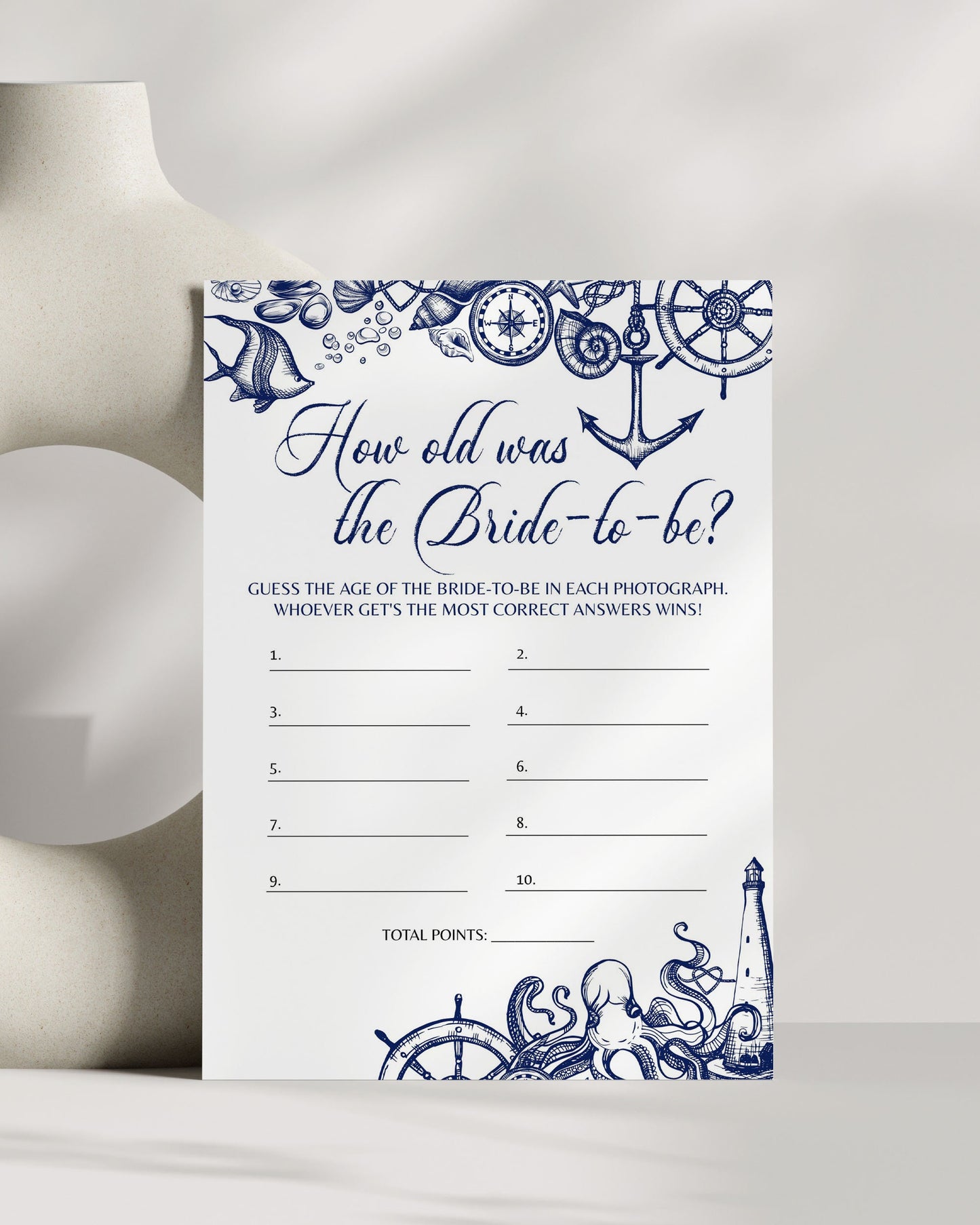 How old was the bride to be | Nautical Bridal Shower Game for Beach Bridal Brunch Destination Bachelorette Party | Printable Template