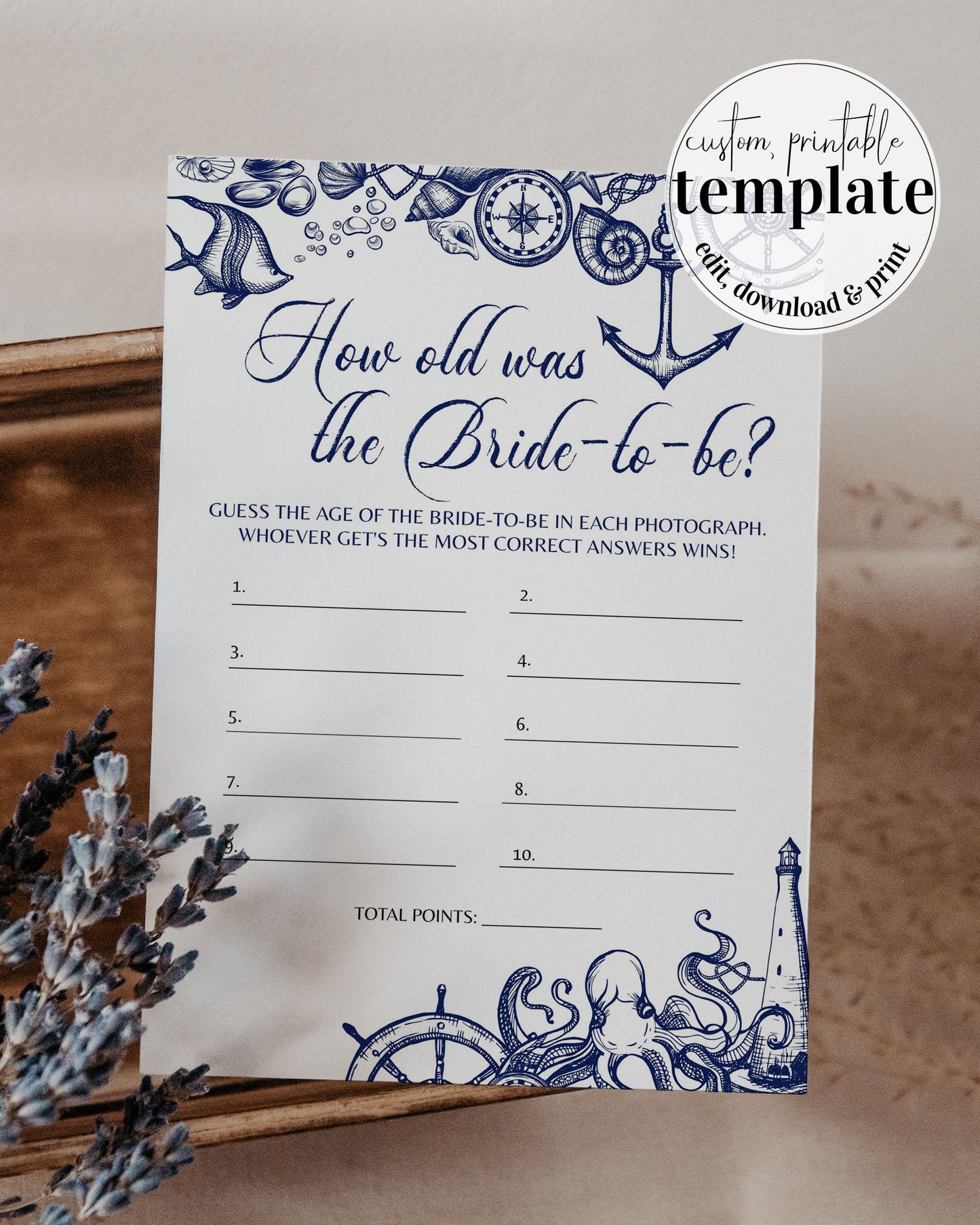 How old was the bride to be | Nautical Bridal Shower Game for Beach Bridal Brunch Destination Bachelorette Party | Printable Template