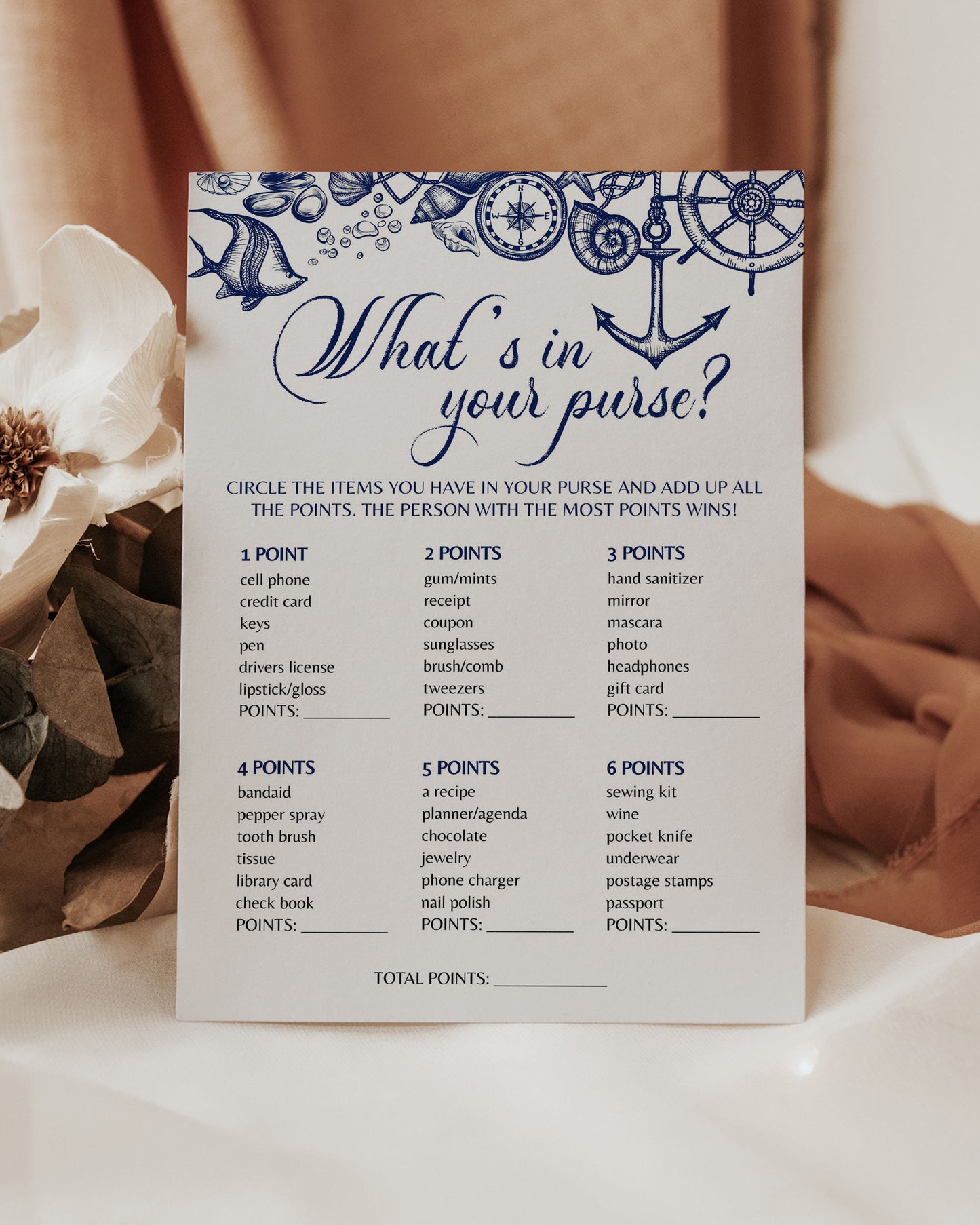 Whats in your purse | Nautical Bridal Shower Game for Beach Themed Bridal Brunch or Destination Bachelorette Party | Printable Template