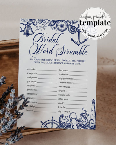 Bridal Word Scramble for Nautical Bridal Brunch or Bachelorette Shower with a beach theme | funny ladies night games | Printable Template - marryful