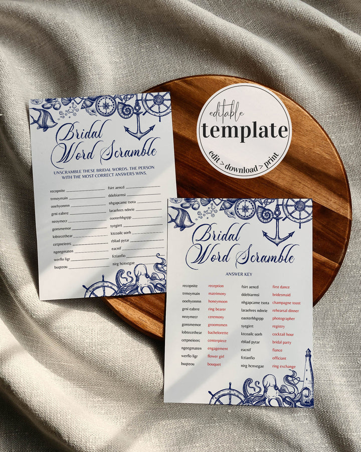 Bridal Word Scramble for Nautical Bridal Brunch or Bachelorette Shower with a beach theme | funny ladies night games | Printable Template - marryful