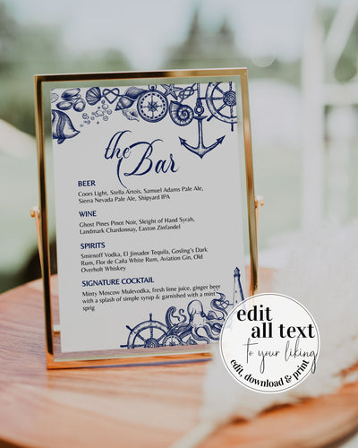 Nautical Bar Menu Sign for Beach Wedding | Custom Destination Wedding Drink Menu | Signature Cocktail or Open Bar | Printable Template - marryful