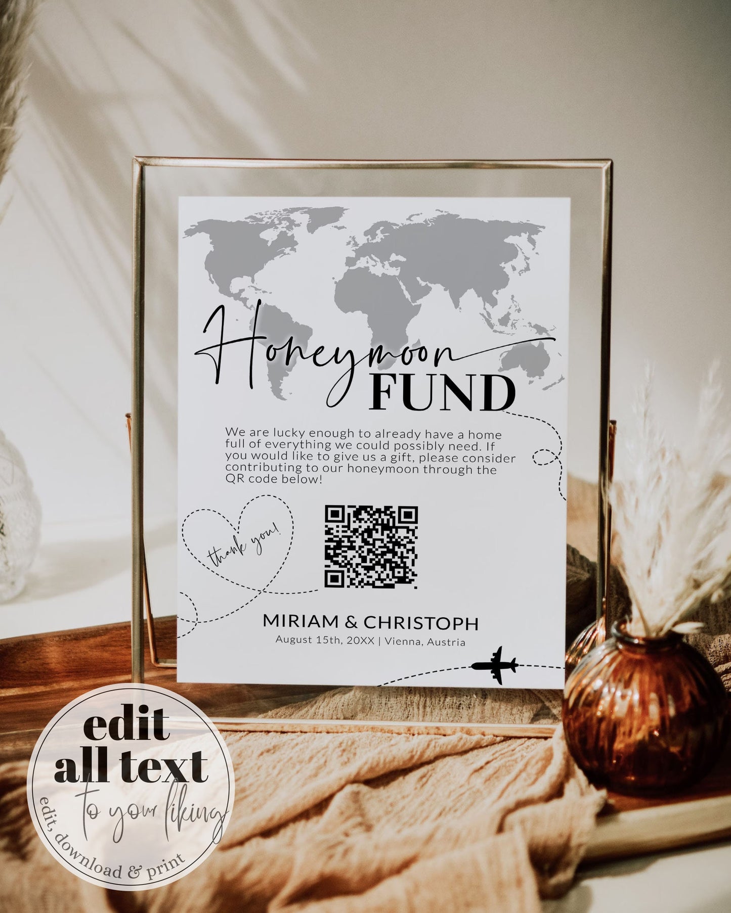 QR Code Sign | Honeymoon Fund Sign for Travel themed Destination Wedding | World Map Scan to Pay Signage | Printable Template #072w