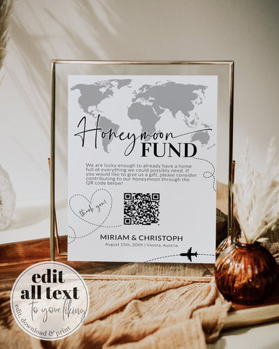 QR Code Sign | Honeymoon Fund Sign for Travel themed Destination Wedding | World Map Scan to Pay Signage | Printable Template 072w - marryful