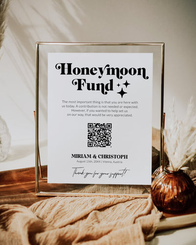 QR Code Honeymoon Fund Sign for 70s themed retro Wedding with funky font | Reception Sign for Wedding Gift Table | Printable Template 065b - marryful