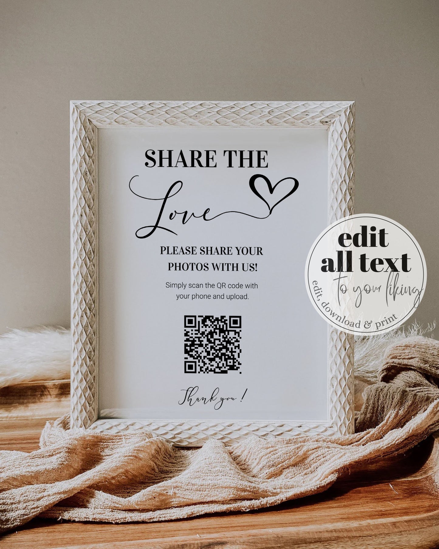 Capture the LOVE QR Code Sign | Share the Love Minimalist Wedding Sign | Share Photos Decor Sign | Printable Template #022
