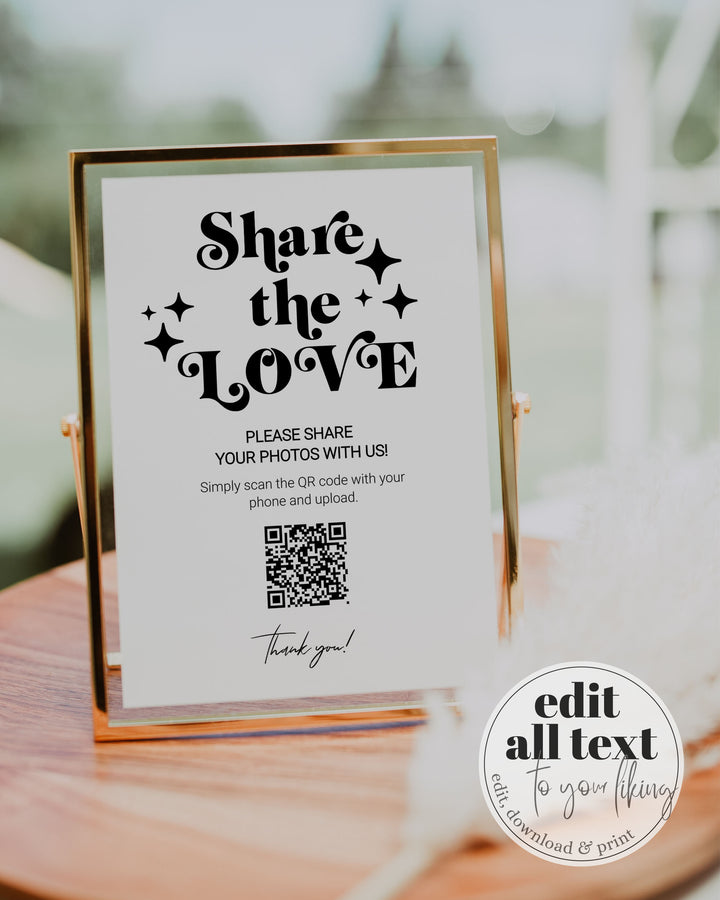 QR Code Sign "Share the Love" for 70s themed retro Wedding | Capture the Love | Share Photos Wedding Decor Sign | Printable Template 065b - marryful
