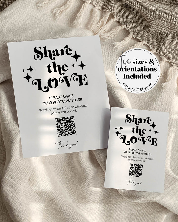 QR Code Sign "Share the Love" for 70s themed retro Wedding | Capture the Love | Share Photos Wedding Decor Sign | Printable Template 065b - marryful