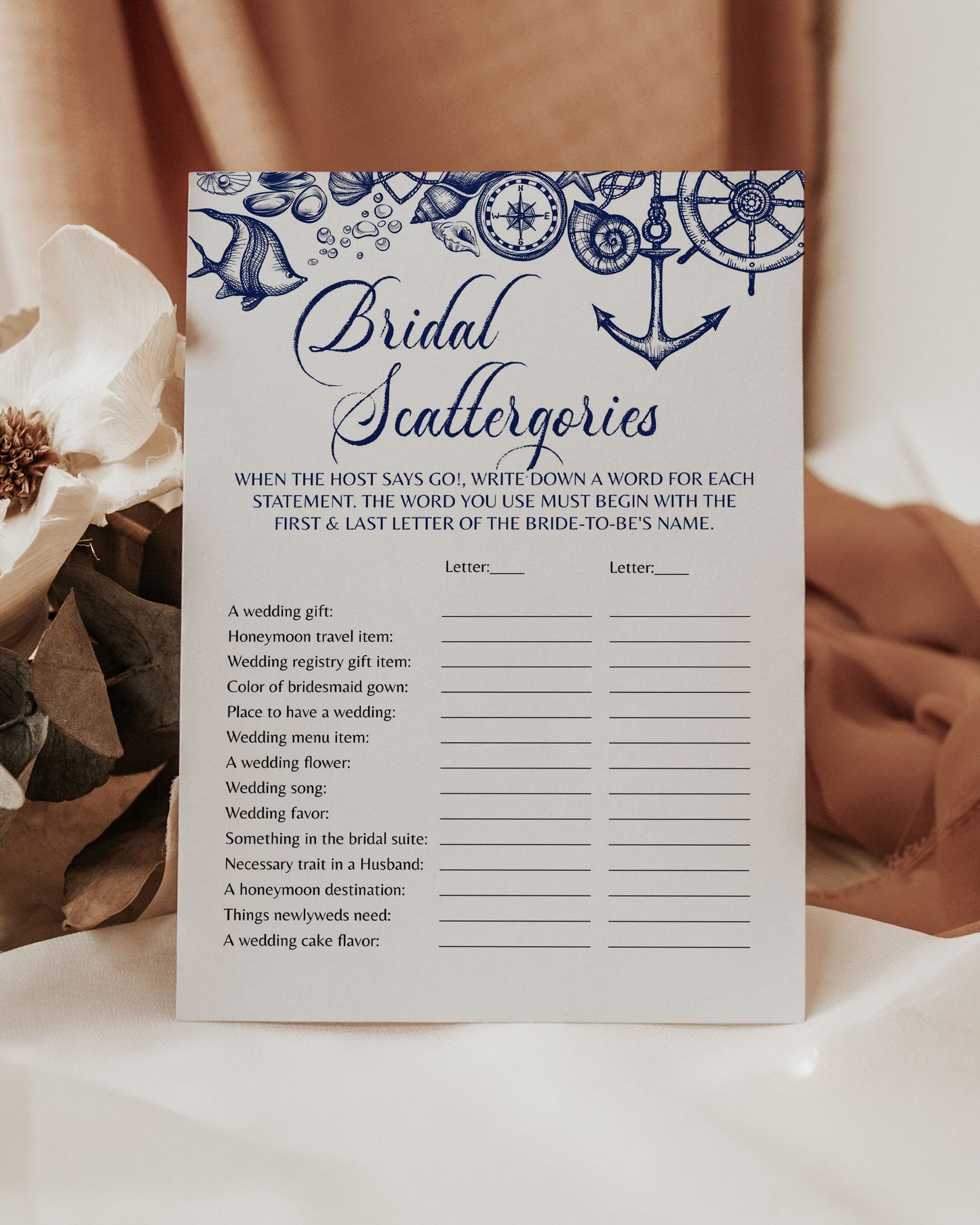 Bridal Scattergories Game for Nautical Bridal Brunch with a beach theme | Couples Shower Game | Printable Template