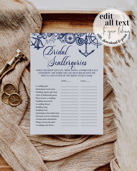 Bridal Scattergories Game for Nautical Bridal Brunch with a beach theme | Couples Shower Game | Printable Template