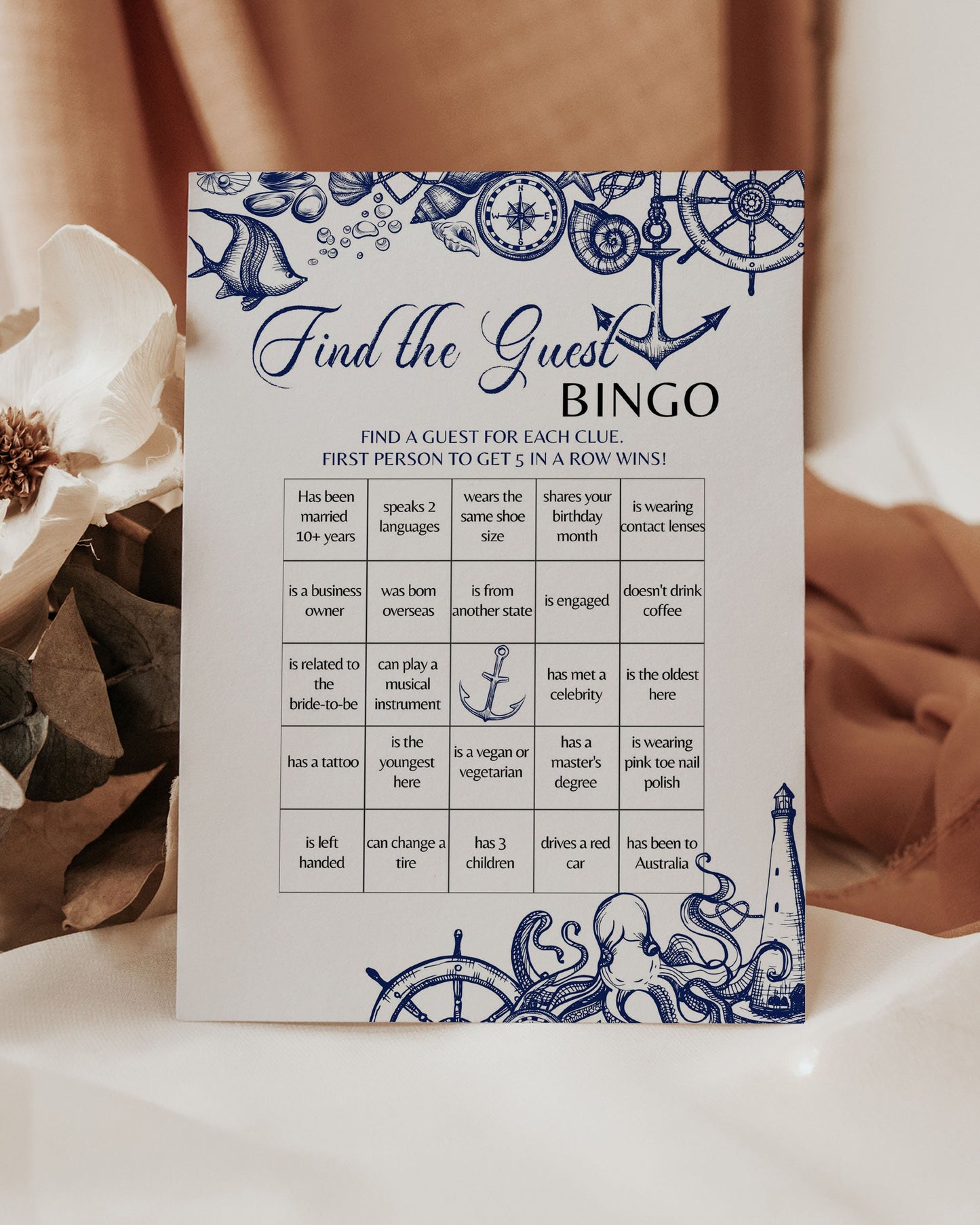 Find the Guest Bridal Bingo Game for Nautical Bridal Brunch or Baby Shower with a beach theme | Printable Template