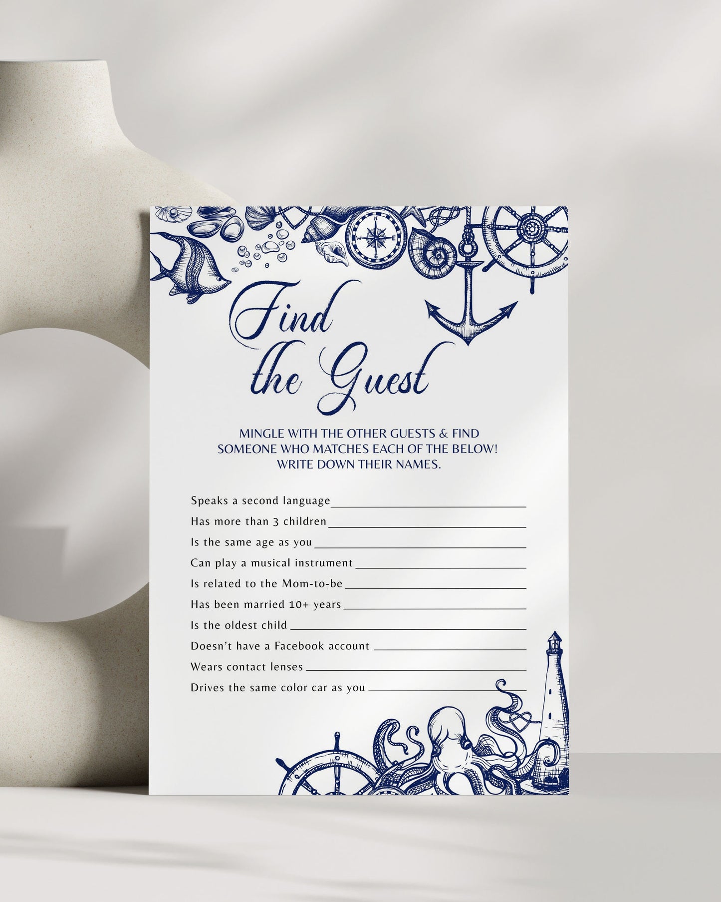 Find the Guest | Nautical Bridal Shower Game for Beach Bridal Brunch or Destination Bachelorette Party | Printable Template