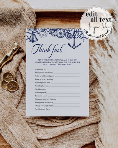 Think Fast Game for Nautical Bridal Brunch or Baby Shower with a beach theme | funny ladies night games | Printable Template - marryful