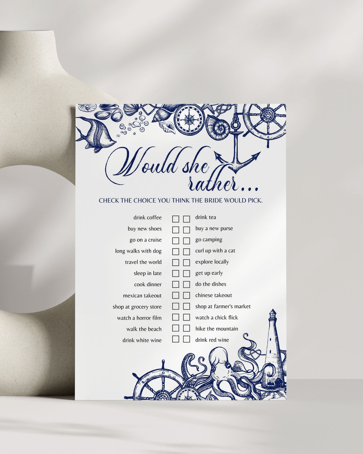 Would she rather | Nautical Bridal Shower Game for Beach Bridal Brunch or Destination Bachelorette Party | Printable Template