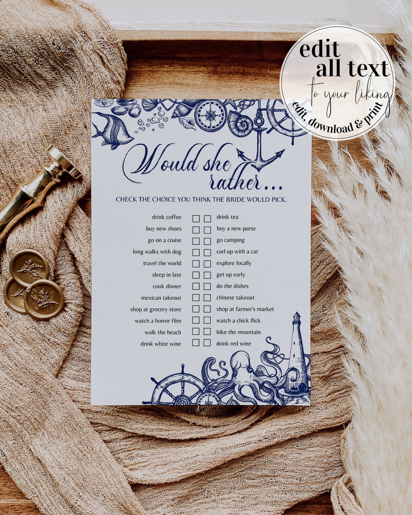 Would she rather | Nautical Bridal Shower Game for Beach Bridal Brunch or Destination Bachelorette Party | Printable Template