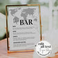 Bar Menu Sign for travel themed Destination Wedding | Custom Cocktail Bar Sign | Drink Menu with World Map | Printable Template #072w