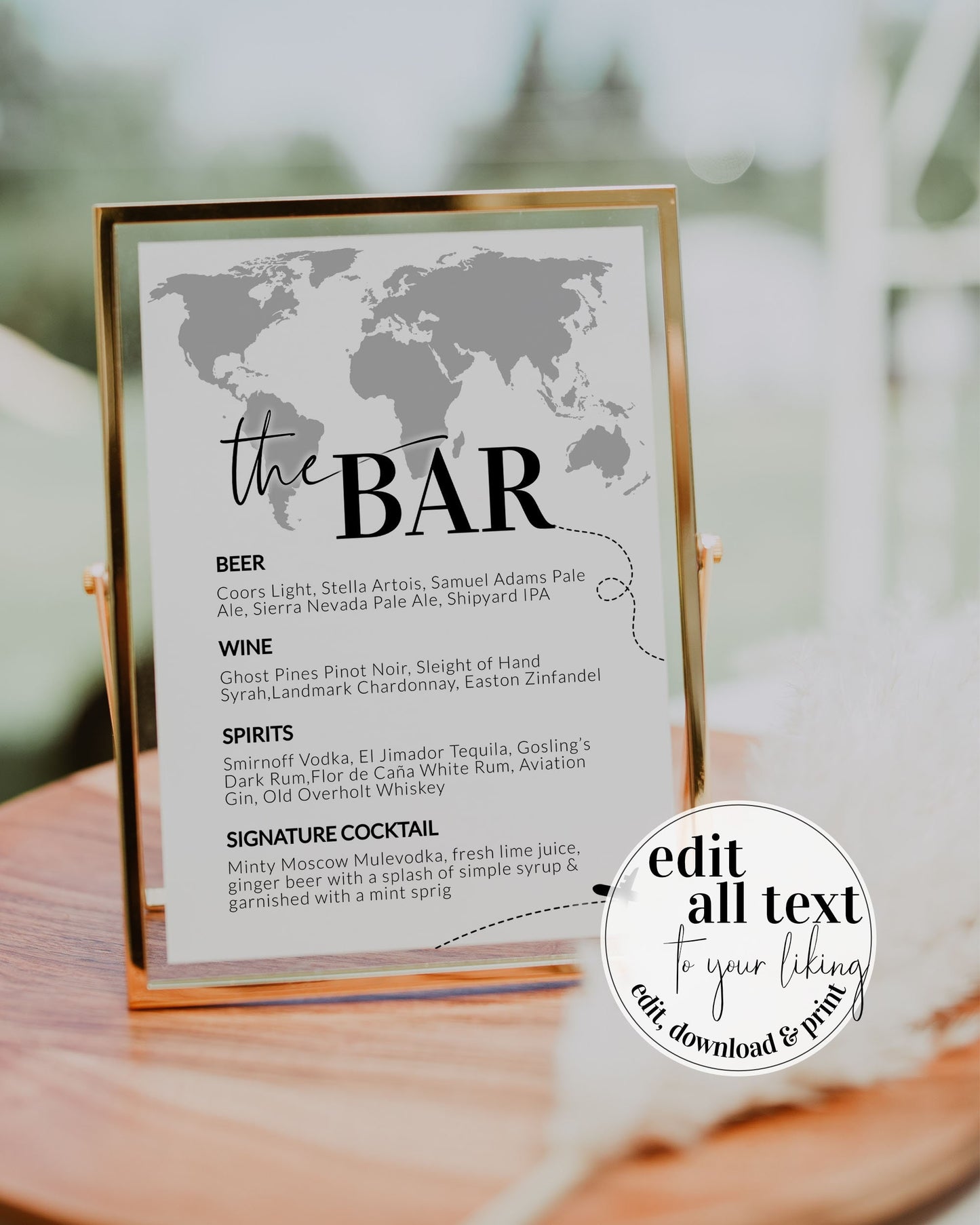 Bar Menu Sign for travel themed Destination Wedding | Custom Cocktail Bar Sign | Drink Menu with World Map | Printable Template #072w