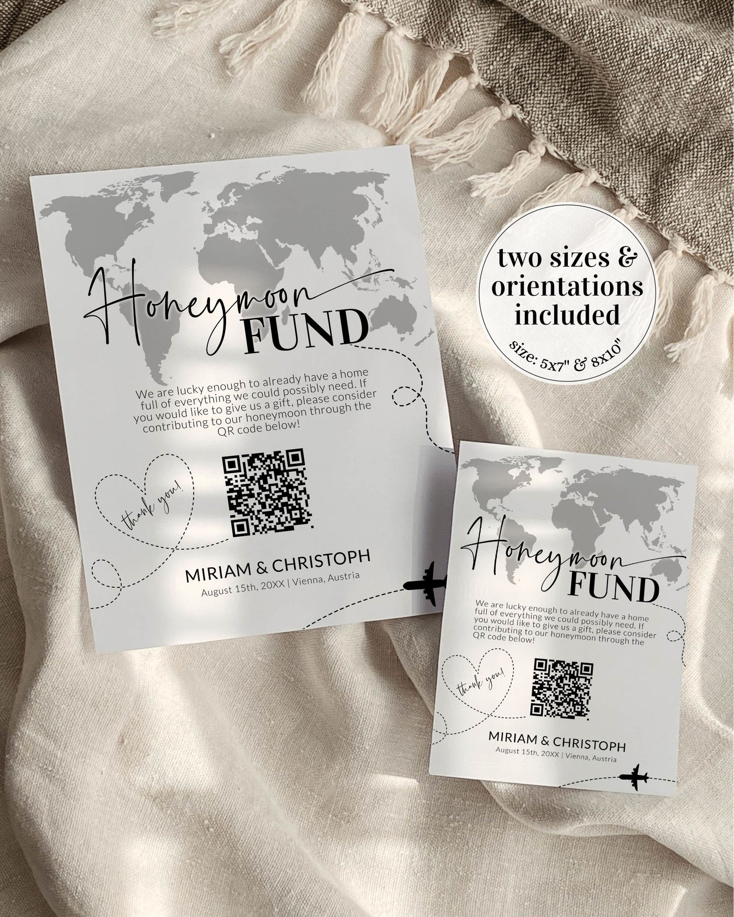 QR Code Sign | Honeymoon Fund Sign for Travel themed Destination Wedding | World Map Scan to Pay Signage | Printable Template #072w