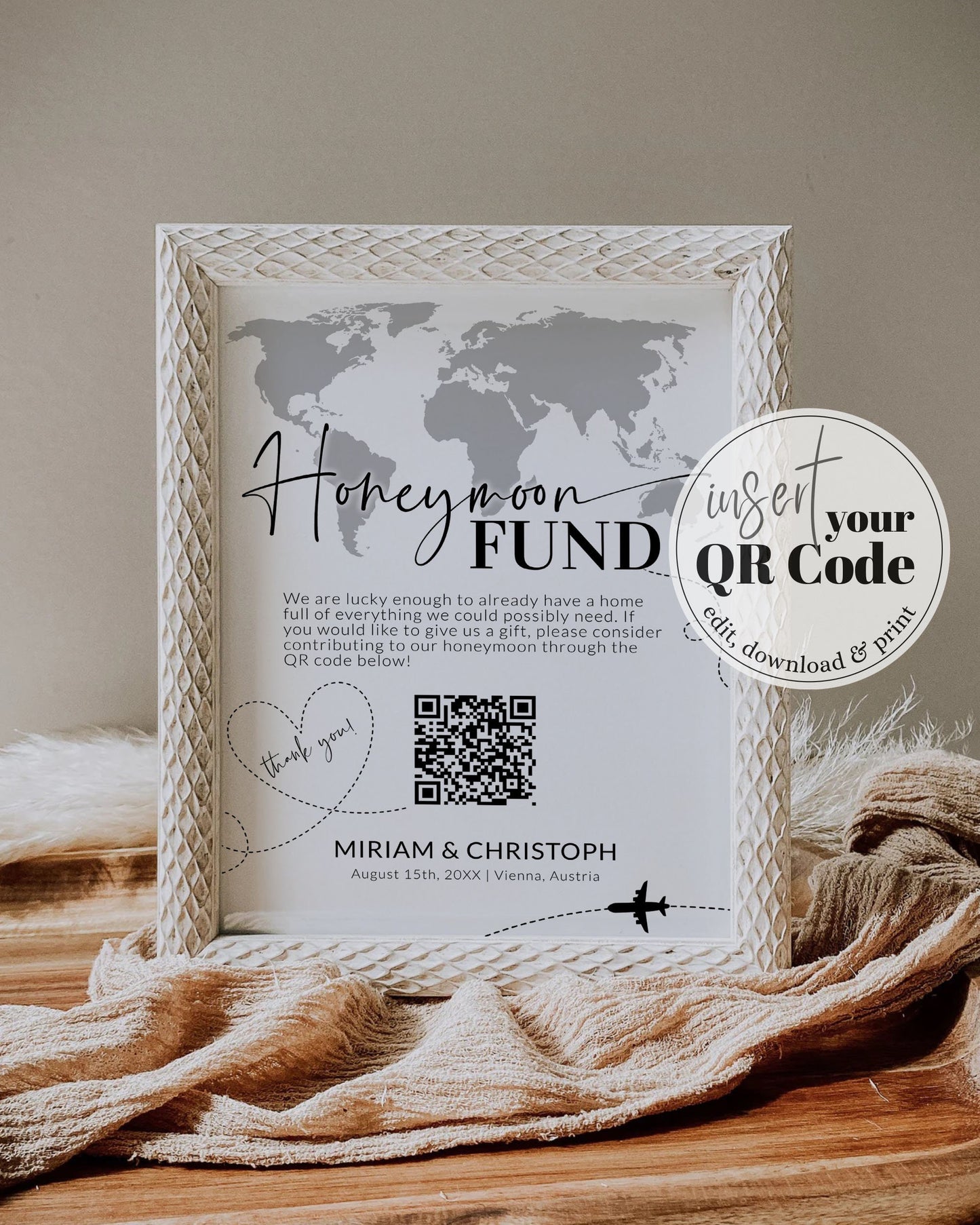 QR Code Sign | Honeymoon Fund Sign for Travel themed Destination Wedding | World Map Scan to Pay Signage | Printable Template #072w