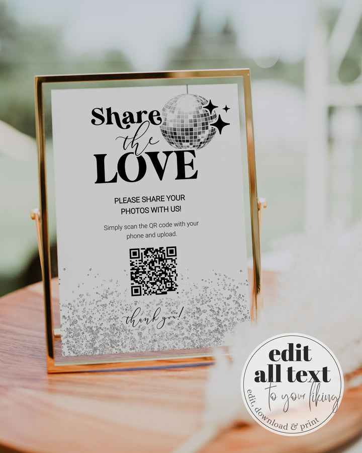 Capture the LOVE QR Code Sign for Disco themed retro Wedding | Share the Love Wedding Sign | Share Photos Decor | Printable Template 065d - marryful
