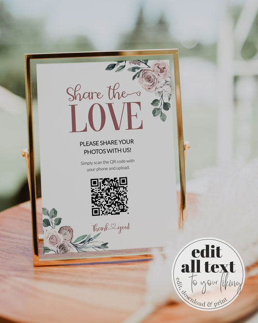 QR Code Sign "Share the LOVE" for Whimsical Wedding | Capture the Love Wedding Decorations | Share Photos Sign | Printable Template #075