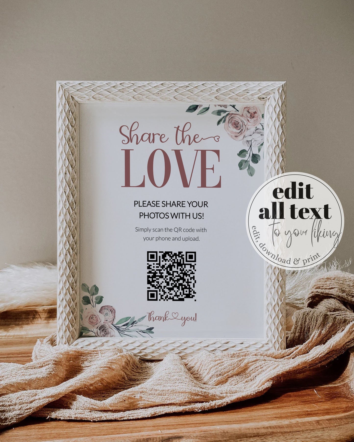 QR Code Sign "Share the LOVE" for Whimsical Wedding | Capture the Love Wedding Decorations | Share Photos Sign | Printable Template #075