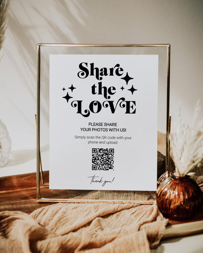 QR Code Sign "Share the Love" for 70s themed retro Wedding | Capture the Love | Share Photos Wedding Decor Sign | Printable Template 065b - marryful