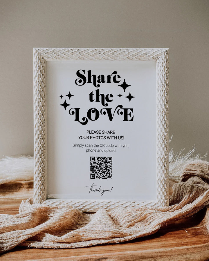 QR Code Sign "Share the Love" for 70s themed retro Wedding | Capture the Love | Share Photos Wedding Decor Sign | Printable Template 065b - marryful