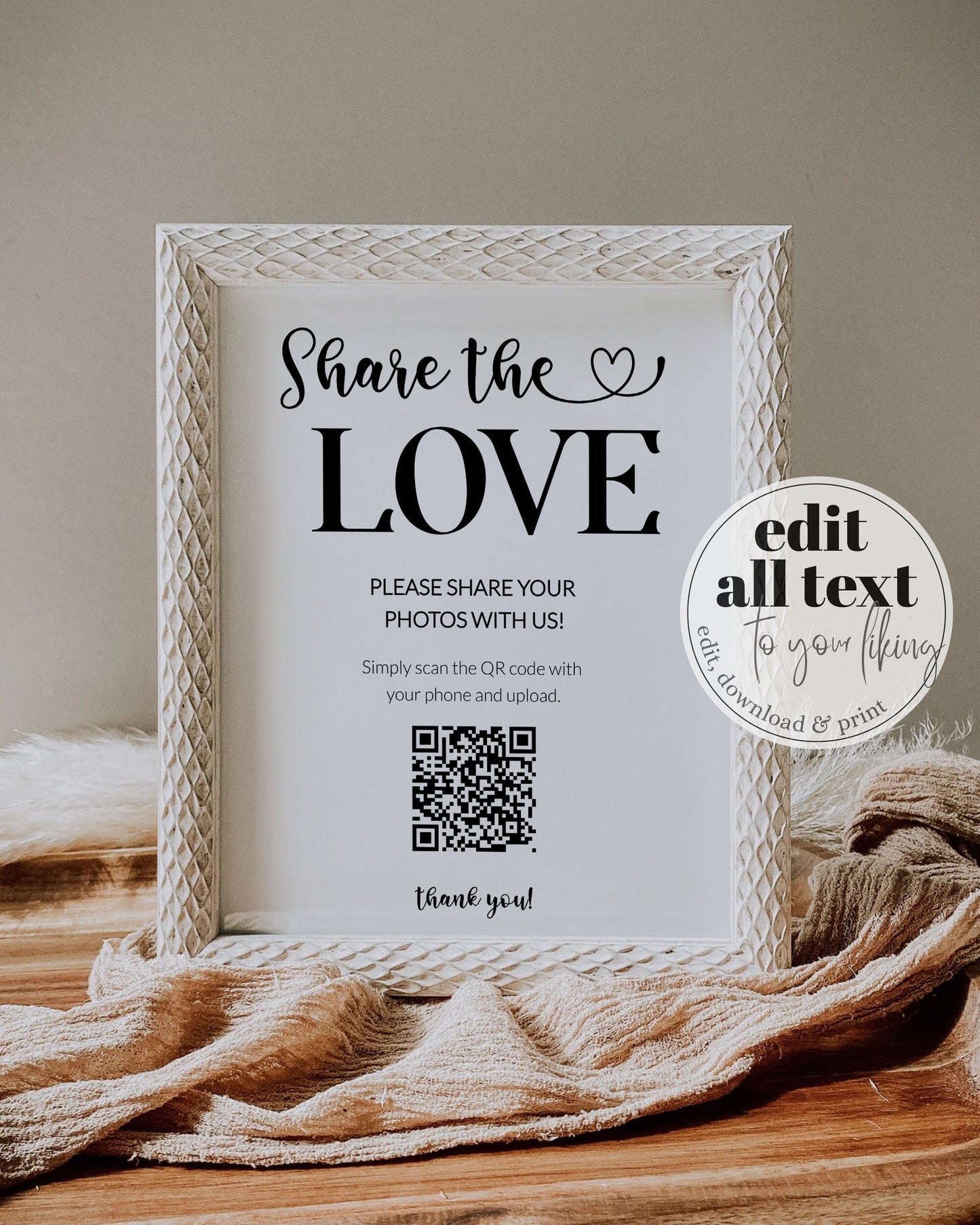 QR Code Sign | Share the Love Photo Signage | Capture the Love Simple Wedding Sign | Share Photos Decor Sign | Printable Template #070